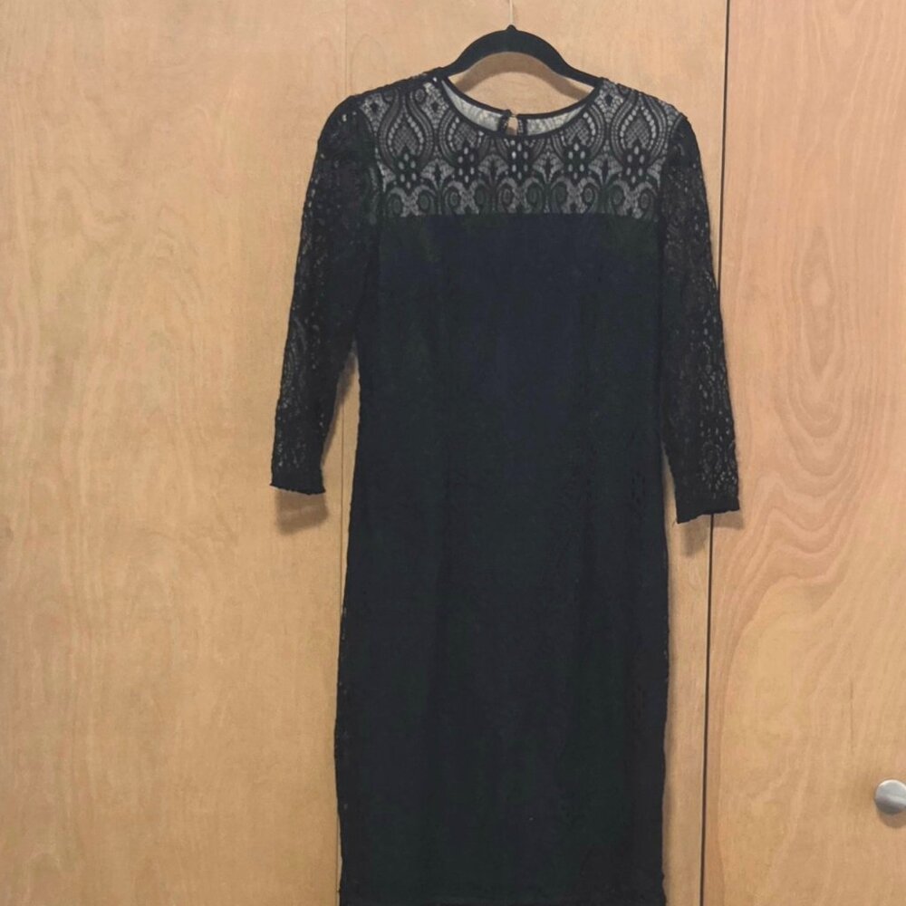 London Times Lace Black Dress with Fringe